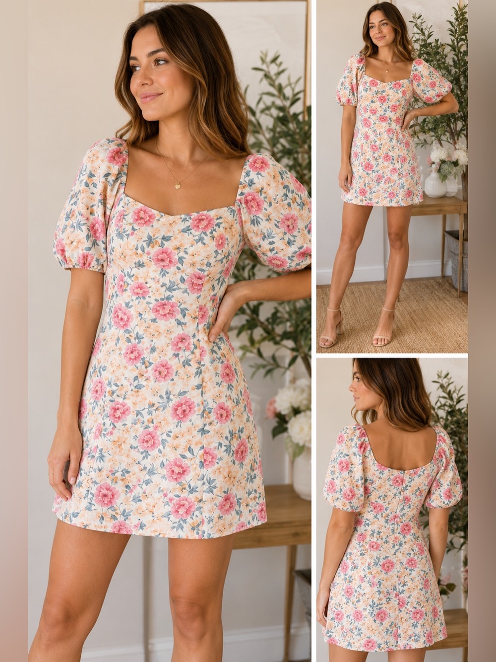 🌸 Altar’d State Pink Floral Puff Sleeve Mini Dress | Size Small